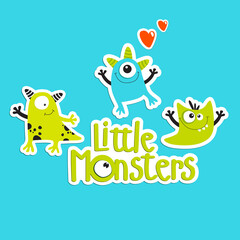 Cartoon monsters. cartoon character. little monsters. funny monstrous typographic illustration. stickers.
