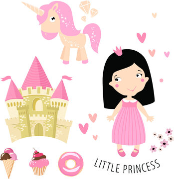Vector set for girl in pink color. Little princess, castle, unicorn, ponies, ice cream, donut, cake.