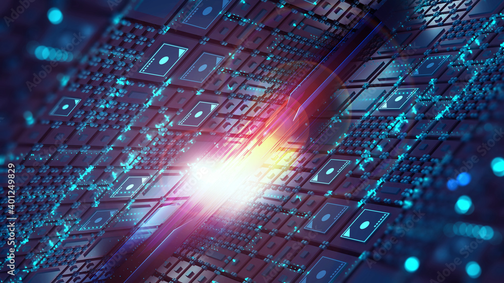 Poster Digital city in hitech. Circuit board and hardware 3d illustration. Wireless internet technologies. Database protection and secure transmission of information on blockchain network