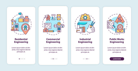 Industrial engineering onboarding mobile app page screen with concepts. Construction and building service walkthrough 5 steps graphic instructions. UI vector template with RGB color illustrations