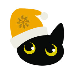 Black cat in a New Year's yellow hat. Black cute funny kitten head isolated on white background for fashion prints, textiles, clothes, tableware. Vector illustration.