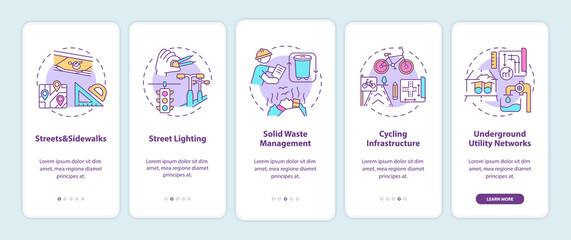 City infrastructure onboarding mobile app page screen with concepts. Public service and facility walkthrough 5 steps graphic instructions. UI vector template with RGB color illustrations