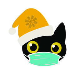 Black cat in a New Year's yellow hat. Black cute funny kitten in a blue mask, isolated on a white background for fashion prints, textiles, clothes, dishes. Vector illustration.