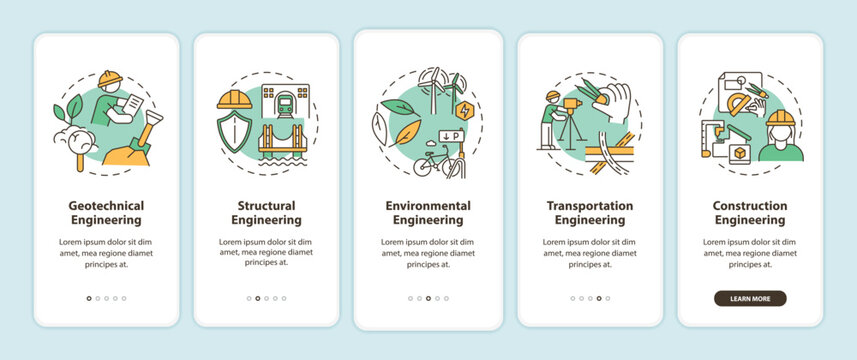 Sustainability in engineering onboarding mobile app page screen with concepts. Environmental protection walkthrough 5 steps graphic instructions. UI vector template with RGB color illustrations