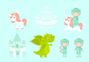 vector set of little knight. knight on horseback, dragon, castle, little prince, cartoon prince, cartoon knight, little boy

