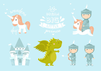 Big set of little knight. knight on horseback, dragon, castle, little prince, cartoon prince, cartoon knight, little boy
