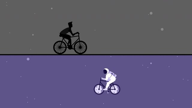 Two bicyclists riding a bike in space and on the road at night in 4k video.