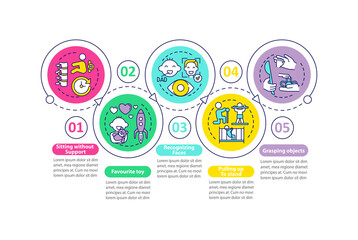 Early developmental milestones in babies vector infographic template. Childcare presentation design elements. Data visualization with 5 steps. Process timeline chart. Workflow layout with linear icons