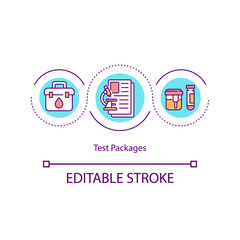 Test packages concept icon. Full body checking instruments. Different health care facility procedures idea thin line illustration. Vector isolated outline RGB color drawing. Editable stroke