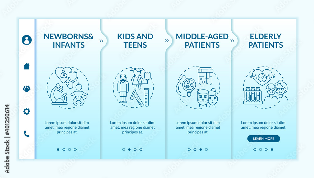 Poster health screening age groups onboarding vector template. newborns, teens, middle aged patients. respo