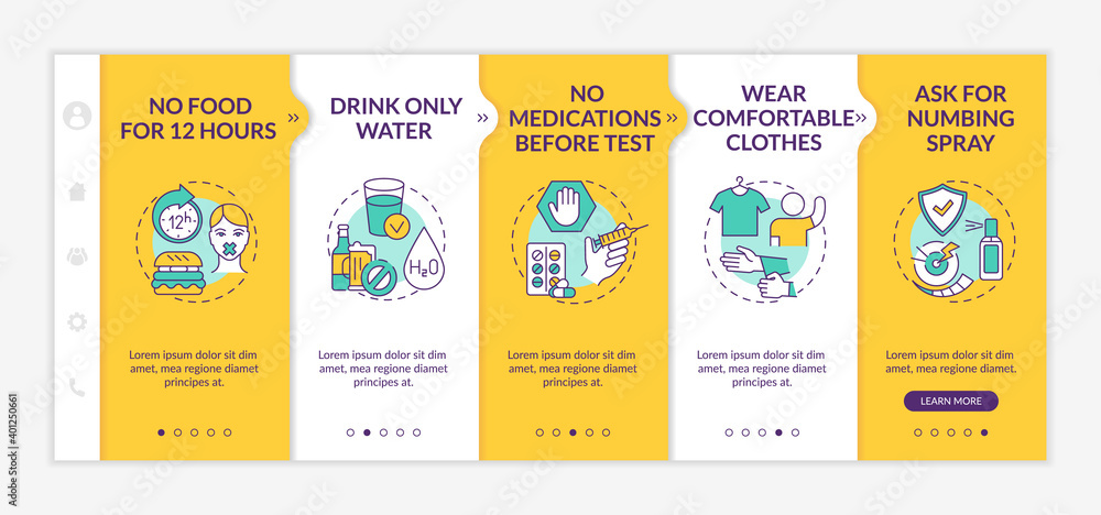 Poster clinical blood testing tips onboarding vector template. no food for 12 hours. comfortable clothes. r