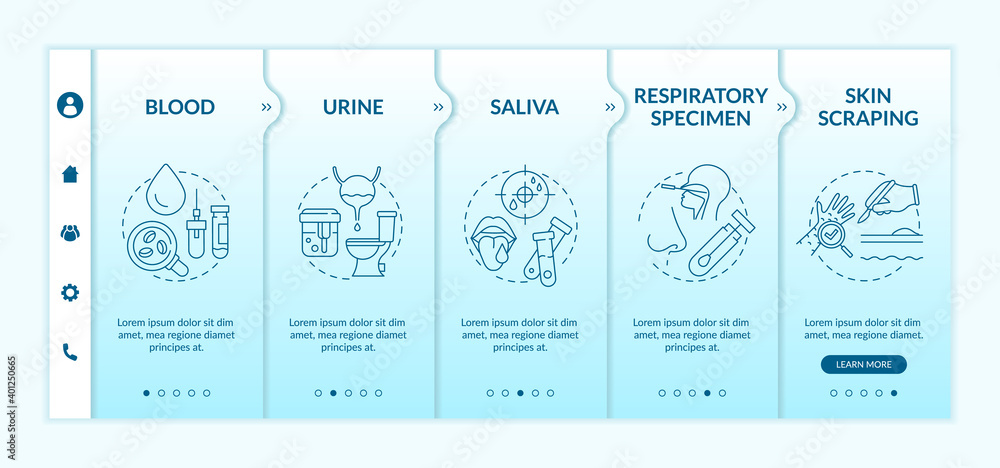 Aufkleber laboratory samples onboarding vector template. urinalysis testing. oral and nasal swab. blood test. 