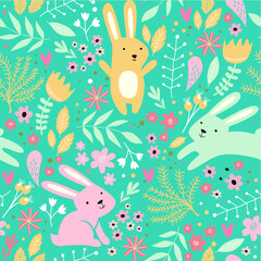 Vector seamless spring pattern with rabbits and plants. Easter pattern. cartoon bunnies
