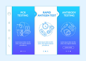 Coronavirus testing types onboarding vector template. Polymerase chain reaction checking. Antibody testing. Responsive mobile website with icons. Webpage walkthrough step screens. RGB color concept