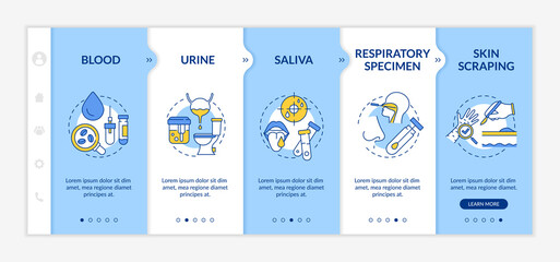Laboratory samples onboarding vector template. Blood, urine, saliva. Respiratory specimen. Skin scraping. Responsive mobile website with icons. Webpage walkthrough step screens. RGB color concept