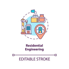 Residential engineering concept icon. Building on construction site. Real estate. Civil engineering idea thin line illustration. Vector isolated outline RGB color drawing. Editable stroke
