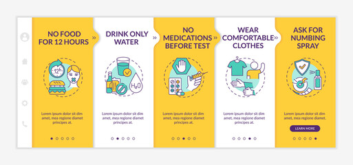 Clinical blood testing tips onboarding vector template. No food for 12 hours. Comfortable clothes. Responsive mobile website with icons. Webpage walkthrough step screens. RGB color concept