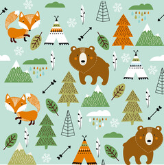 Scandinavian pattern. Animals, fox, bear, wigwam, mountains, ascetic