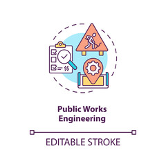 Public works engineering concept icon. Industrial construction management and supervision. Civil engineering idea thin line illustration. Vector isolated outline RGB color drawing. Editable stroke
