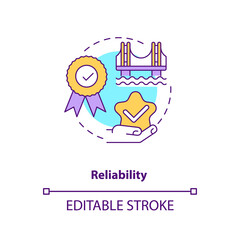 Reliability concept icon. Construction safety. Building quality bridge. Repair, maintenance. Civil engineering idea thin line illustration. Vector isolated outline RGB color drawing. Editable stroke