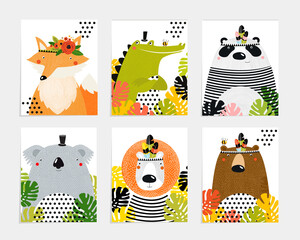 Print. Posters with animals. Cartoon characters. Cartoon animals. Lion, crocodile, panda, fox, bear, koala