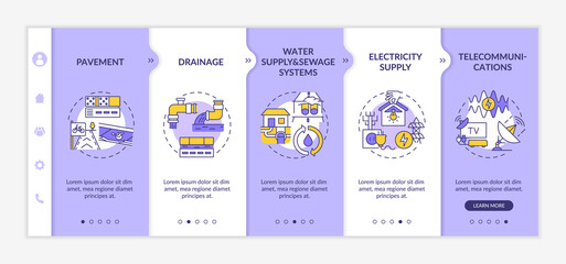 Utility system and facility service onboarding vector template. Electricity supply. Telecommunication. Responsive mobile website with icons. Webpage walkthrough step screens. RGB color concept