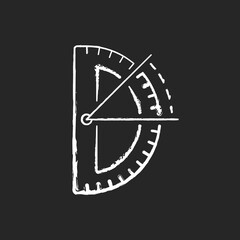 Half circle protractor chalk white icon on black background. Measuring and constructing plane angles in radians. Architectural and mechanical drawing. Isolated vector chalkboard illustration