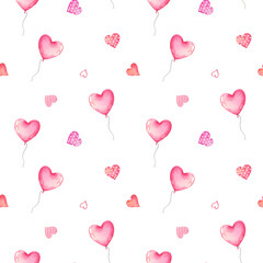 Plakat Watercolor seamless pattern with hearts and balloons for Valentine's Day isolated on white background.