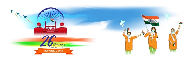 Vector Indian Patriotic concept banner for Indian republic day-26 January with abstract tricolor background, redfort, people with mask holding India flag, illustration poster.