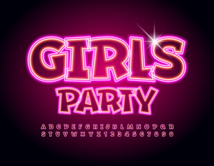 Fototapeta na wymiar Vector bright flyer Girls Party. Electric Led Font. Pink Neon Alphabet Letters and Numbers se