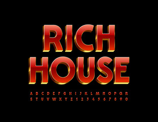 Vector elite logo Rich House. 3D Red and Gold Font. Shiny Luxury Alphabet Letters and Numbers set