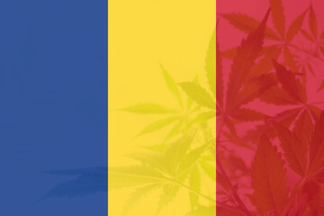 Medical cannabis in the Romania. leaf of cannabis marijuana on the flag of Romania.