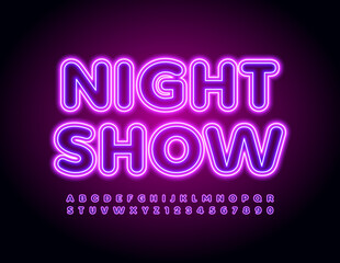 Vector event poster Night Show. Violet electric Font. Neon light Alphabet Letters and Numbers set