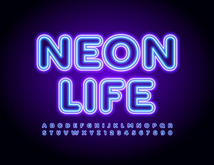Vector glowing sign Neon Life. Blue electric Alphabet Letters and Numbers set. Illuminated Led Font