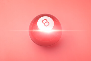 Eight magic ball of predictions on a red background.