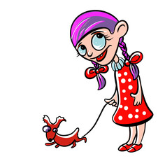 dog puppy and girl in red dress