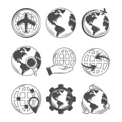 world globe map geography, travel, save the planet and more icons