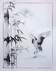 Japanese crane on a background of bamboo stalks. Traditional Japanese ink painting sumi-e. Illustration.