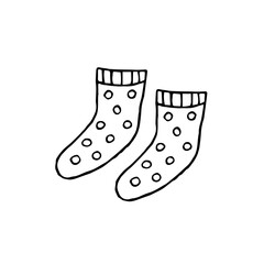 Warm knitted socks. Vector hand drawn doodle illustration. Black and white outline. Coloring.
