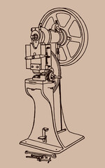 Antique heavy drop press in three-quarter view isolated on a tan background, after a sketch from the 19th century