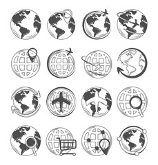 world globe map icons set travel connection shopping and location