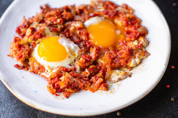 english breakfast eggs fried tomato and vegetables shakshuka omelette snack on the table healthy meal snack top view image copy space for text food background outdoor rustic 