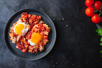 english breakfast eggs fried tomato and vegetables shakshuka omelette snack on the table healthy meal snack top view image copy space for text food background outdoor rustic 