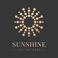 Abstract vector logo halftone icon circles sun ray on black background.Design template sign hotel spa, sunny beach, symbol luxury company, elite real estate, beauty salon.Identity for premium company