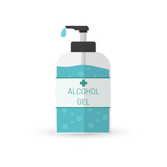 Alcohol gel in pump bottle. Hand wash gel for clean hands protect from virus and bacteria. Vector Illustration.