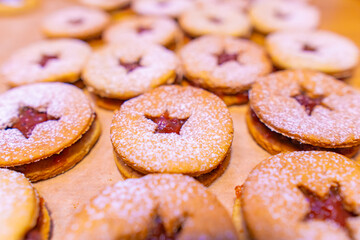 Jelly cookies star with red jam homemade