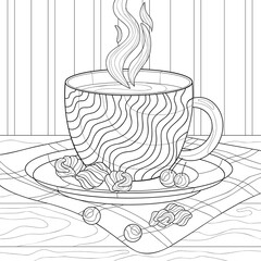 A cup of tea or coffee with wavy patterns, marshmallows, cherries on tablecloth, wooden table. Doodle winter isolated illustration. For coloring book pages.