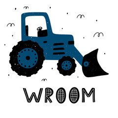 Cute childish tractor with lettering and abstract elements around. Scandinavian style vector illustration. © lanastace