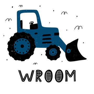 Cute childish tractor with lettering and abstract elements around. Scandinavian style vector illustration.