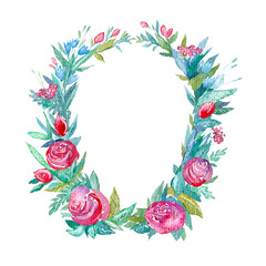 Floral wreath.Garland of a roses and bells.Frame of a herbs.Watercolor hand drawn illustration.It can be used for greeting cards, posters, wedding cards.